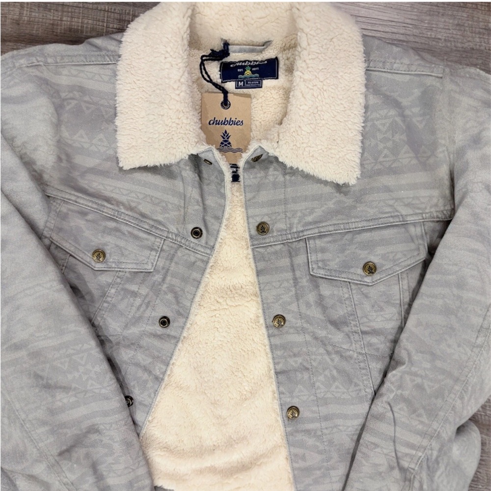 NWT CHUBBIES Sherpa Lined Denim Trucker Jacket Aztec Southwest Navajo Grey Men M